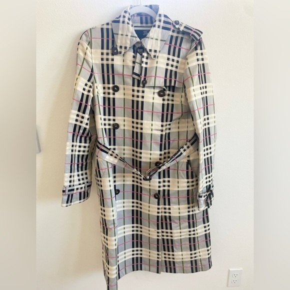 Burberry Grey Green Pink Nova Check Tartan trench coat US 10 - Picture 2 of 13